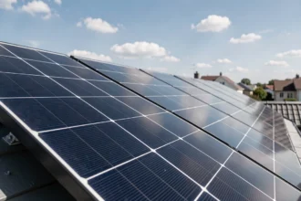 Panneaux solaires monocristallins haute efficacité installés sur un toit résidentiel moderne sous un ciel bleu