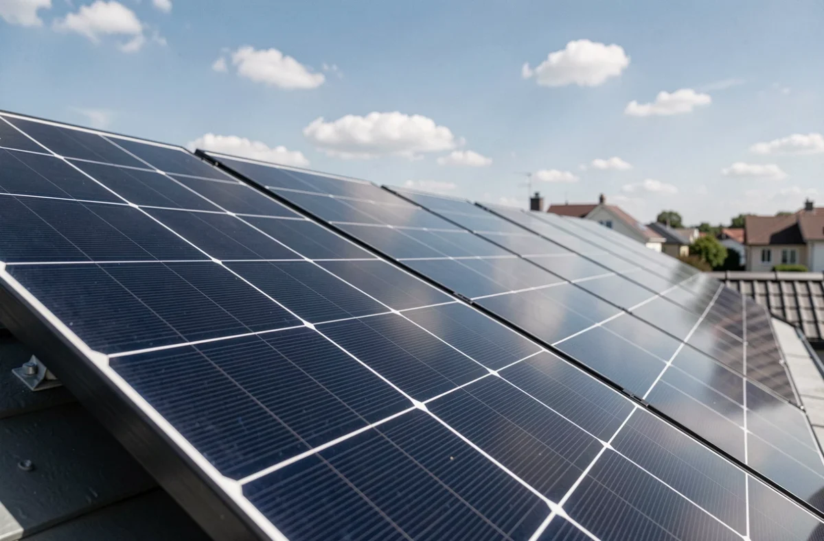 Panneaux solaires monocristallins haute efficacité installés sur un toit résidentiel moderne sous un ciel bleu