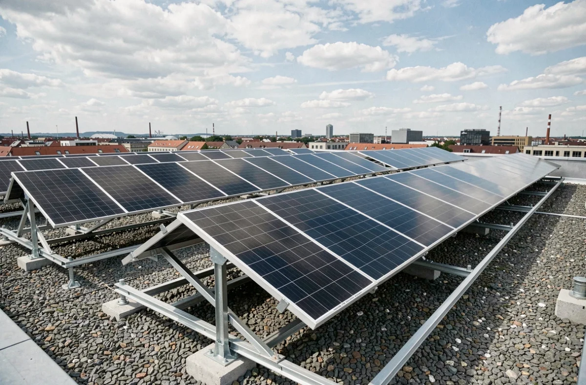 Rangées de panneaux solaires sur toit plat commercial avec orientation optimisée en milieu urbain