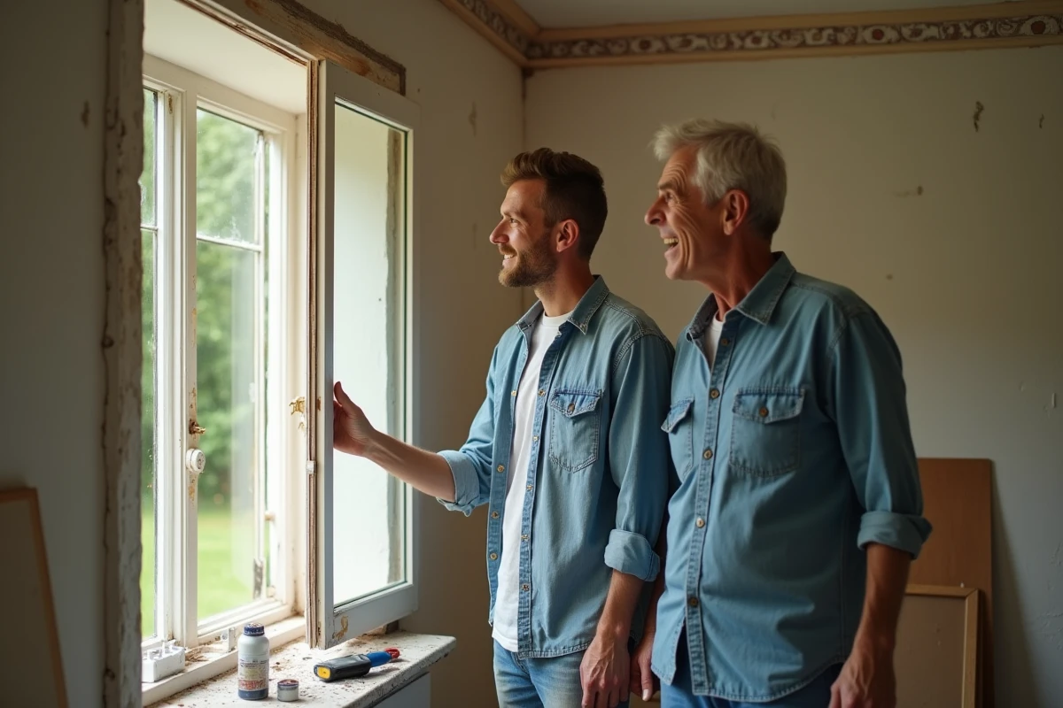 Père et fils peignant une fenêtre en bois dans une pièce lumineuse