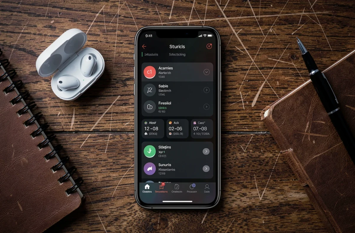 Vue de dessus d'un smartphone affichant les paramètres d'alarme sonore posé sur un bureau en bois avec des écouteurs sans fil
