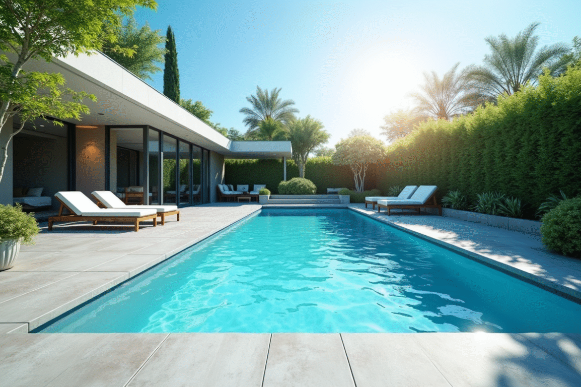 Piscine moderne dans un jardin avec paysage verdoyant et ciel bleu
