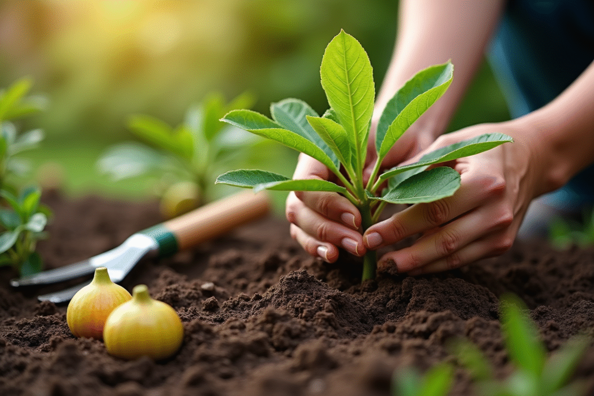 Mains de jardinier plantant un jeune figuier dans la terre