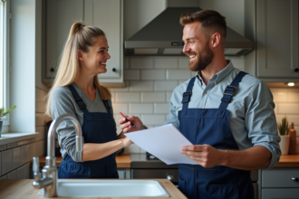 Plombier homme discutant avec une femme dans la cuisine moderne