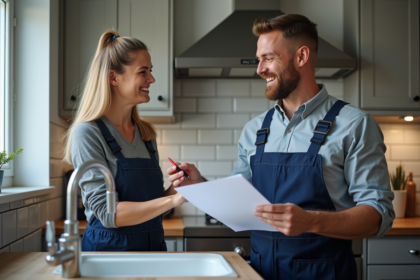 Plombier homme discutant avec une femme dans la cuisine moderne