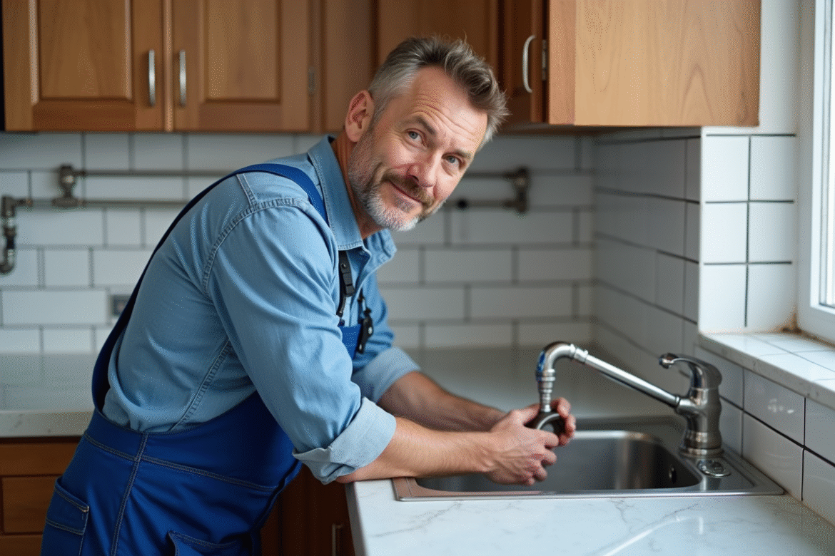 Plombier homme en bleu inspectant un évier de cuisine