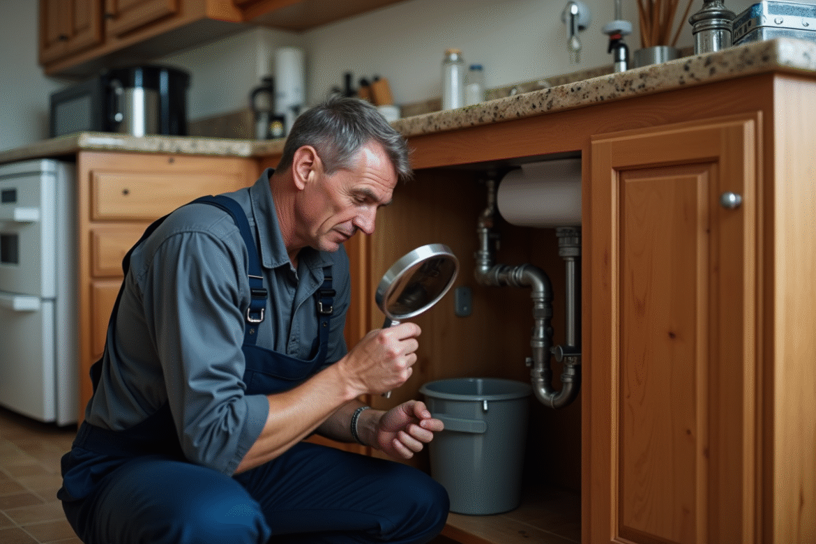 Plombier homme en overalls examine un tuyau de cuisine