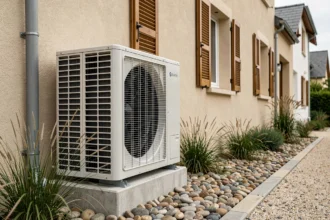 Pompe à chaleur Atlantic installée sur la façade extérieure d'une maison pavillonnaire moderne