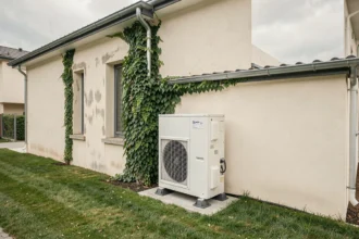 Pompe à chaleur air-air installée sur la facade extérieure d'une maison individuelle contemporaine