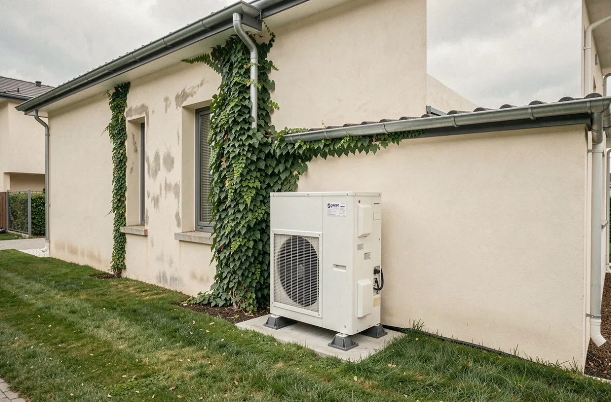 Pompe à chaleur air-air installée sur la facade extérieure d'une maison individuelle contemporaine