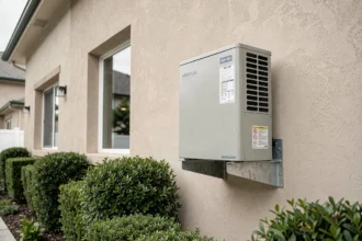Pompe à chaleur Mitsubishi installée sur façade extérieure d'une maison individuelle moderne