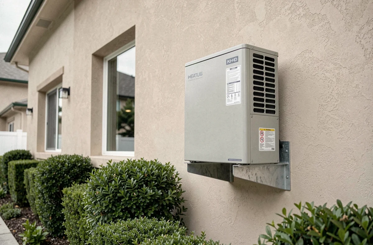 Pompe à chaleur Mitsubishi installée sur façade extérieure d'une maison individuelle moderne