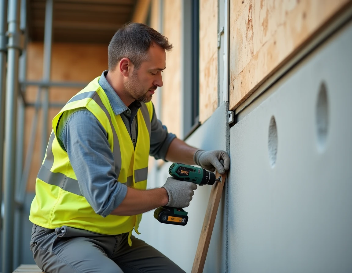 Artisan posant une cornière aluminium sur-mesure sur un angle de façade en cours de rénovation