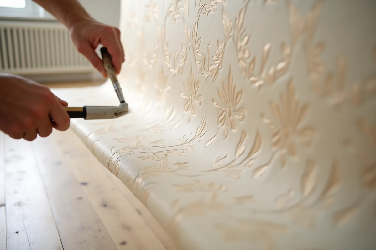 Gros plan sur la pose d'un papier peint motif beige géométrique et floral avec alignement précis des raccords