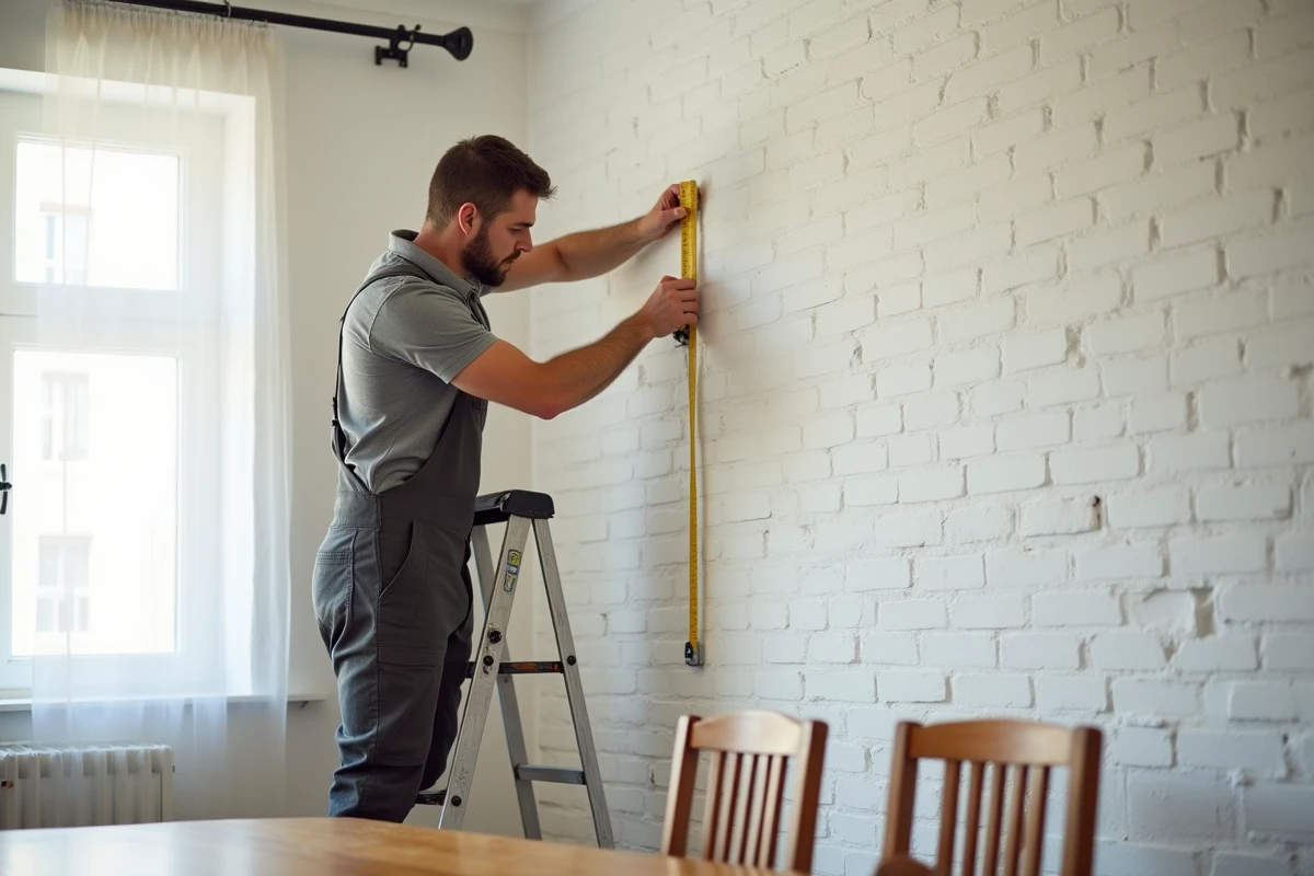 Bricoleur mesurant l'écartement des supports pour poser une tringle à rideau sans fléchissement dans une salle à manger