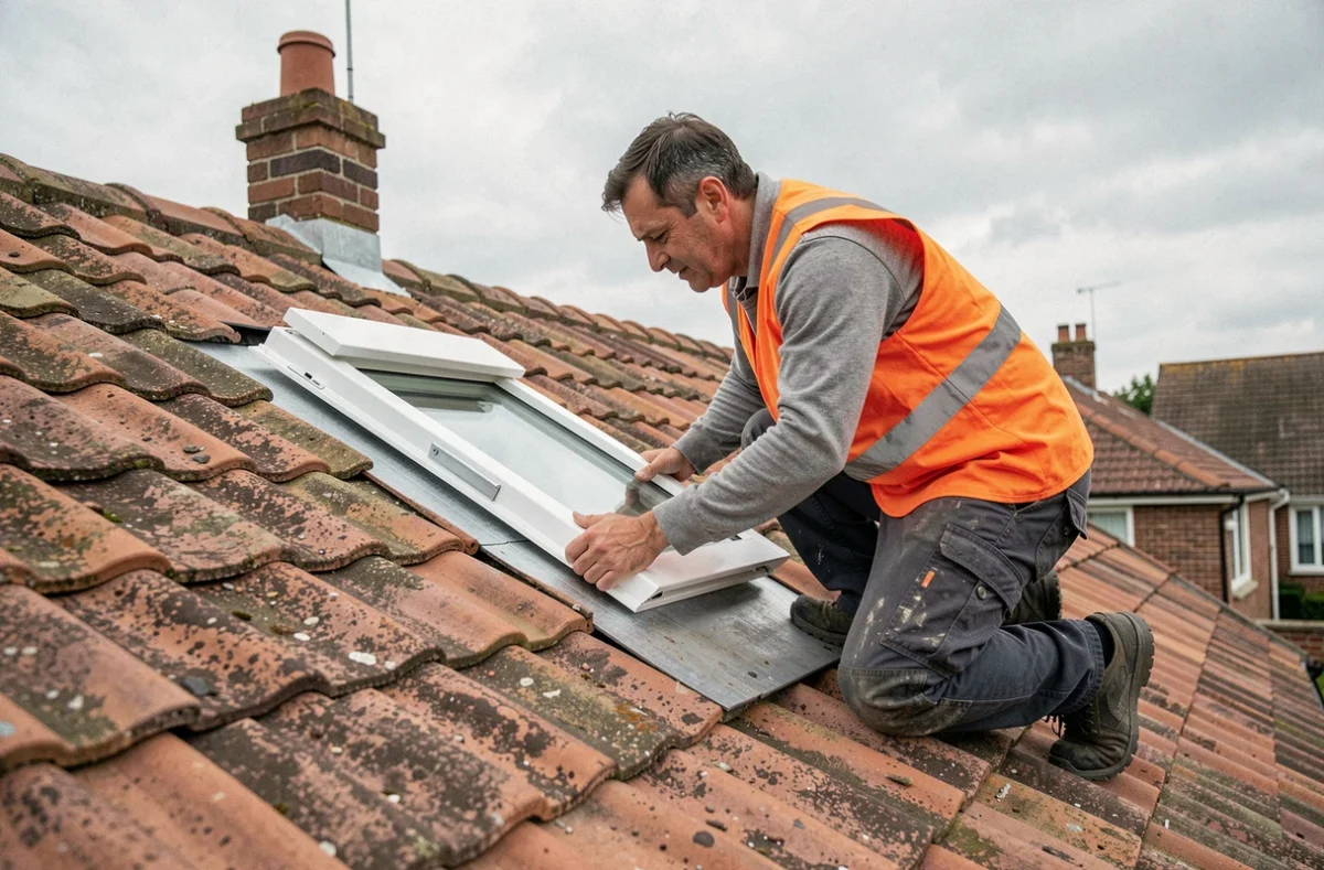 Couvreur posant un cadre de velux 78x98 sur toiture en tuiles lors d'une rénovation de charpente