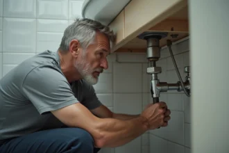 Homme inspectant un robinet d'arrêt sous un lavabo de salle de bain pour résoudre un problème de pression d'eau chaude faible