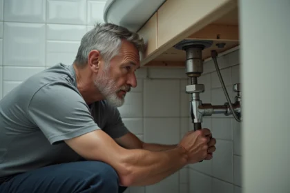 Homme inspectant un robinet d'arrêt sous un lavabo de salle de bain pour résoudre un problème de pression d'eau chaude faible