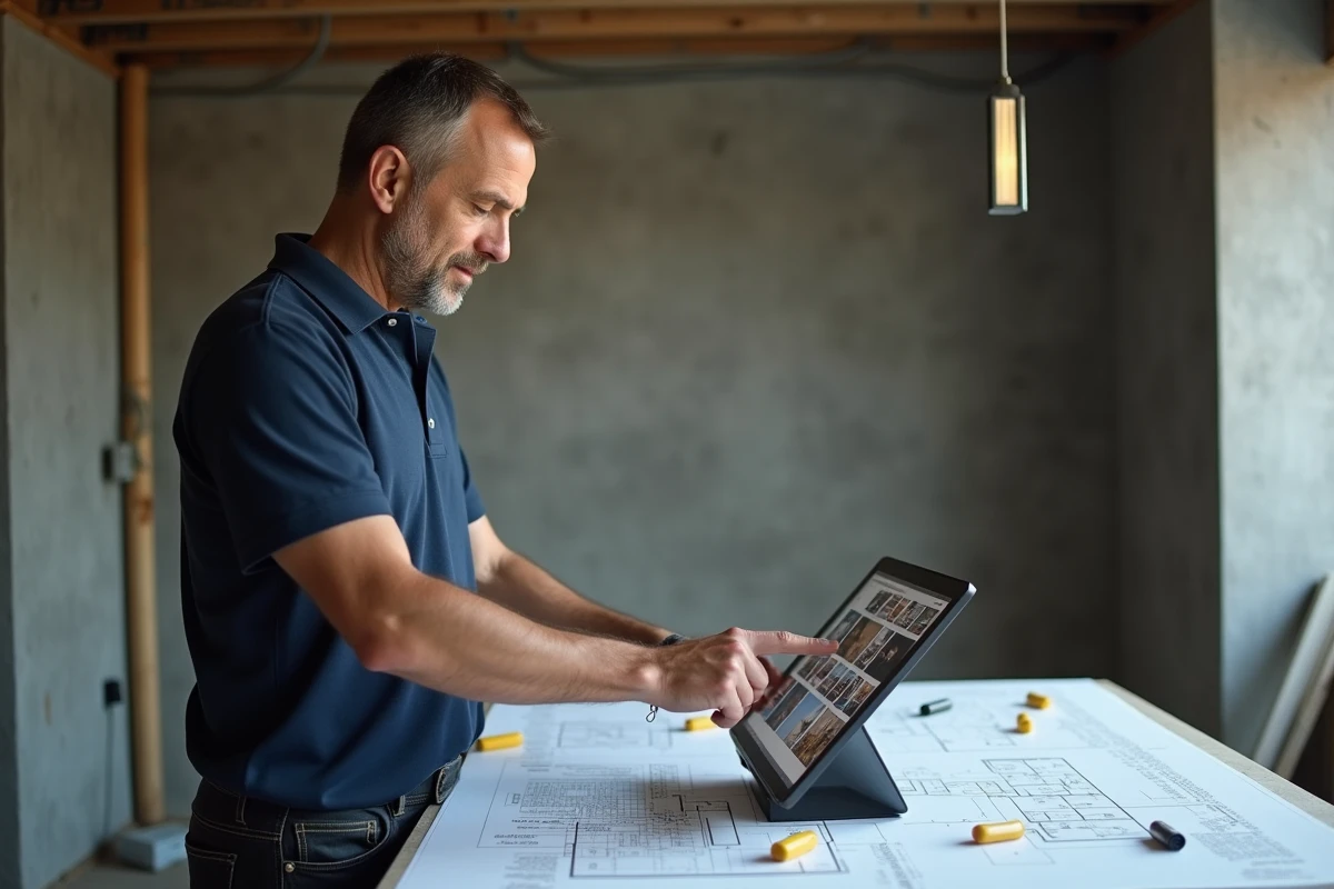 Professionnel du bâtiment intégrant des médias existants dans l'application Lamaison360 sur tablette sur un chantier de construction
