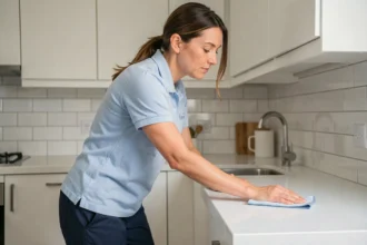 Professionnelle du ménage en uniforme essuyant un plan de travail de cuisine moderne avec un chiffon microfibre