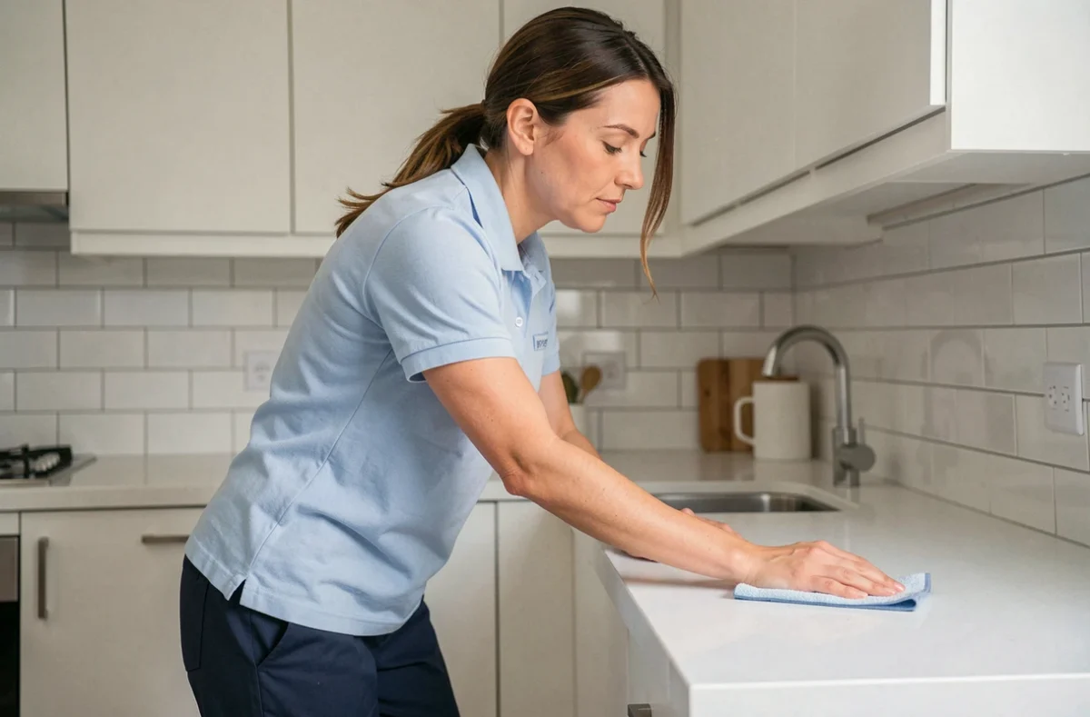 Professionnelle du ménage en uniforme essuyant un plan de travail de cuisine moderne avec un chiffon microfibre