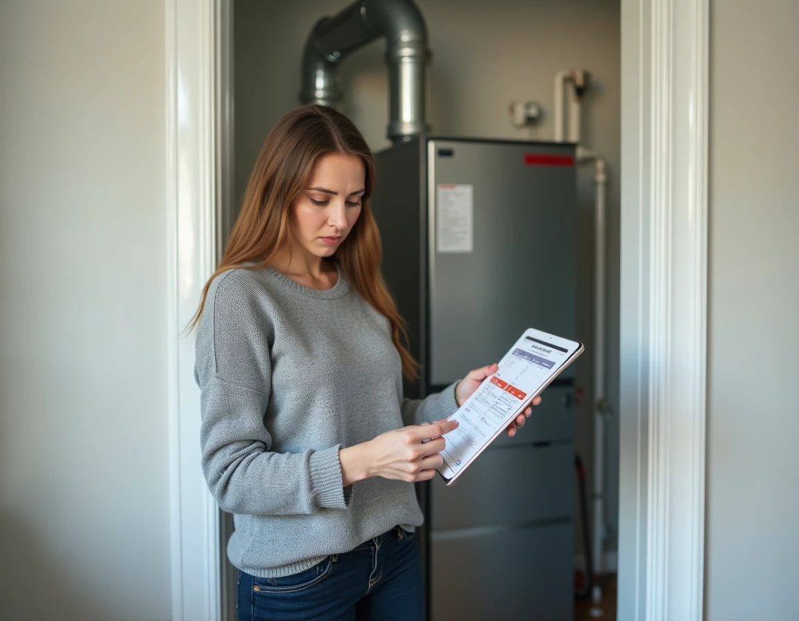 Propriétaire comparant des devis pour le remplacement d'une fournaise au gaz par une thermopompe IDS dans sa buanderie