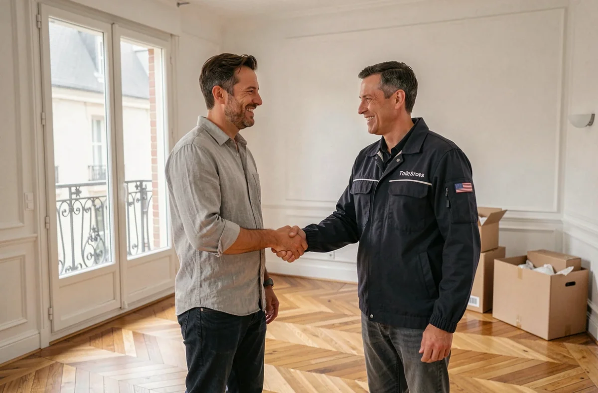 Propriétaire parisien et entrepreneur se serrant la main dans un appartement rénové avec parquet en chevrons et fenêtres neuves