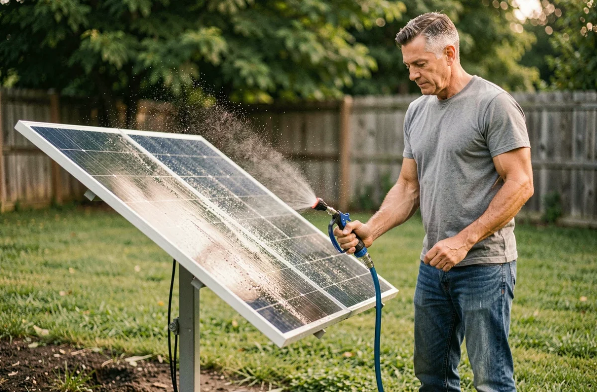 Propriétaire rinçant lui-même ses panneaux solaires au sol dans son jardin avec un tuyau d'arrosage