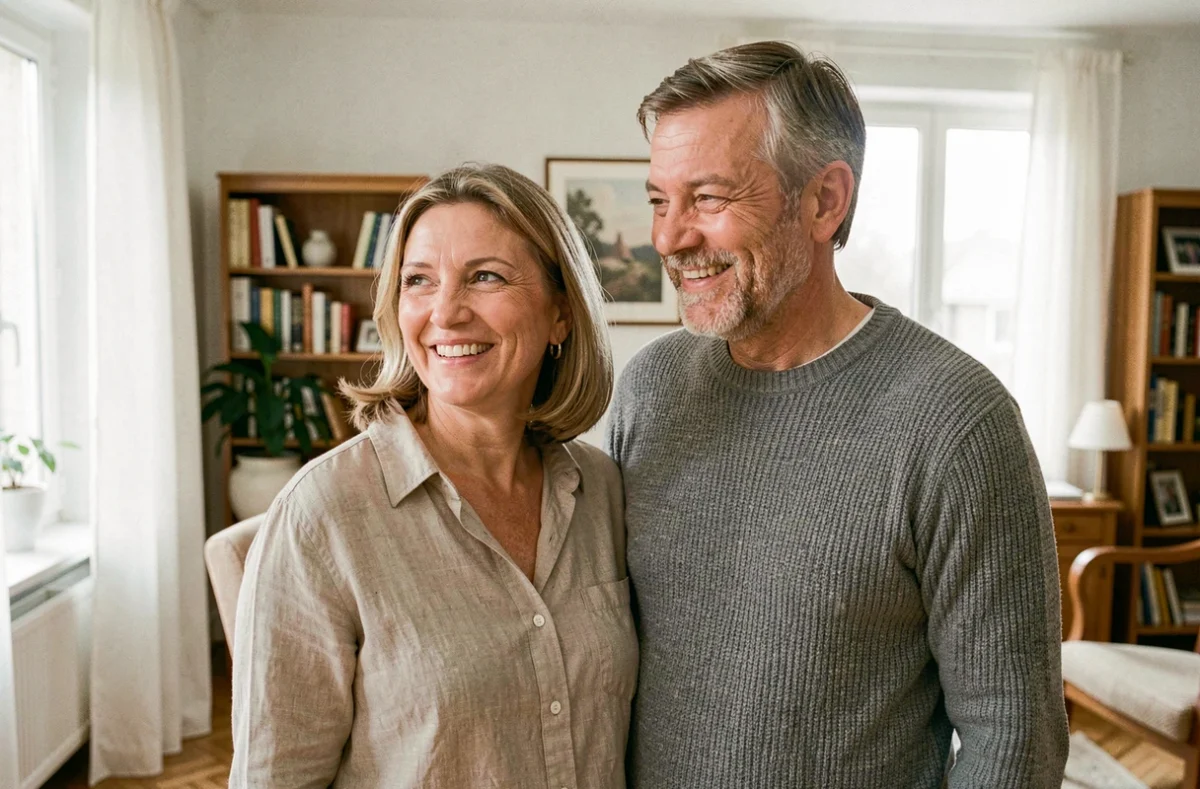 Couple de propriétaires satisfaits consultant le thermostat de leur pompe à chaleur Atlantic dans leur salon