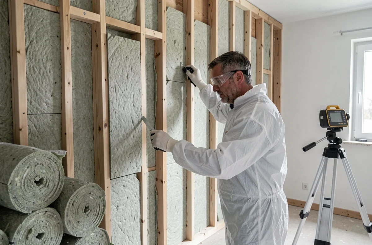 Technicien de Qual'Iso posant des panneaux d'isolation en ossature bois dans une maison des Hauts-de-Seine