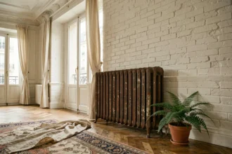 Radiateur en fonte ancien style Haussmann dans un appartement parisien avec parquet chêne et mur en brique blanche