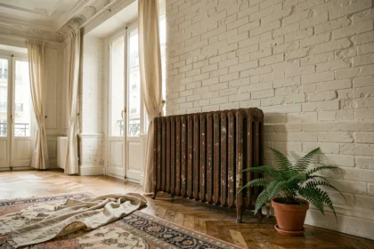 Radiateur en fonte ancien style Haussmann dans un appartement parisien avec parquet chêne et mur en brique blanche