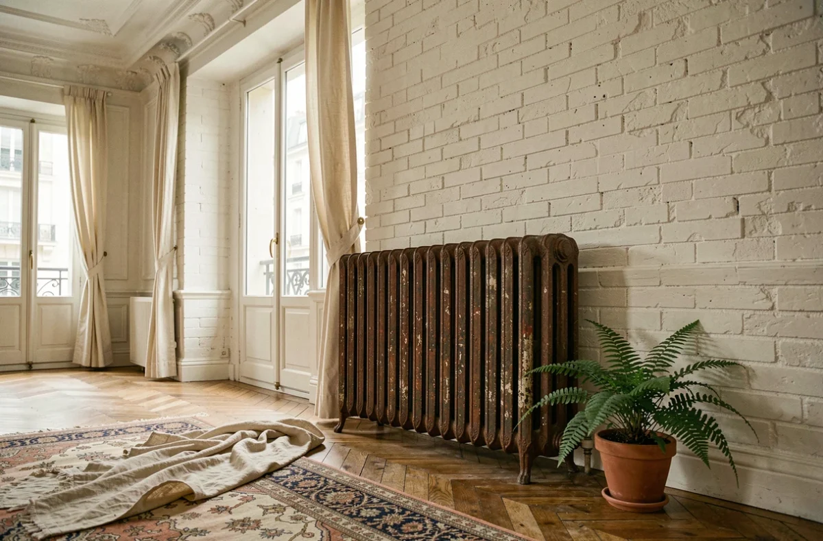 Radiateur en fonte ancien style Haussmann dans un appartement parisien avec parquet chêne et mur en brique blanche