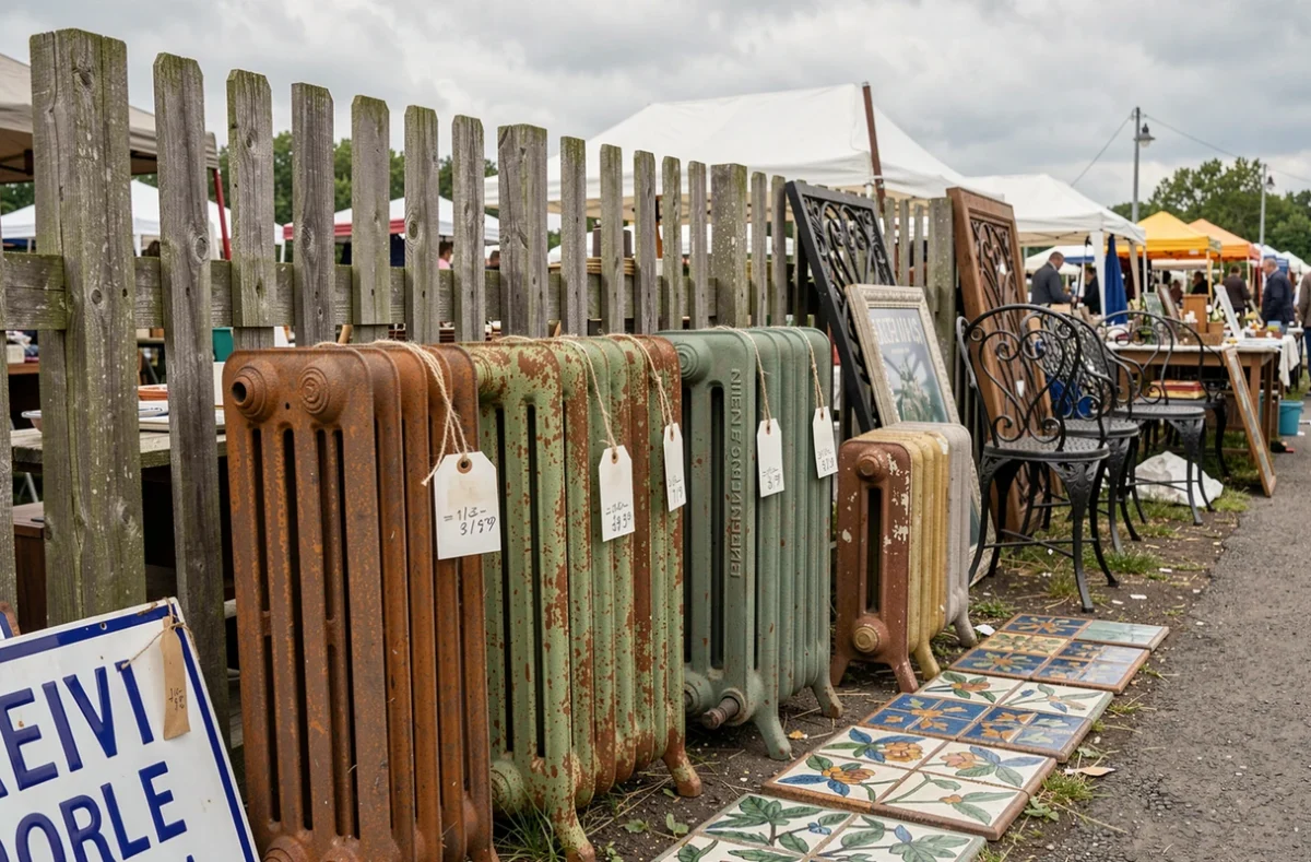 Radiateurs fonte d'occasion exposés sur un stand de brocante en plein air avec étiquettes de prix et ambiance marché aux puces