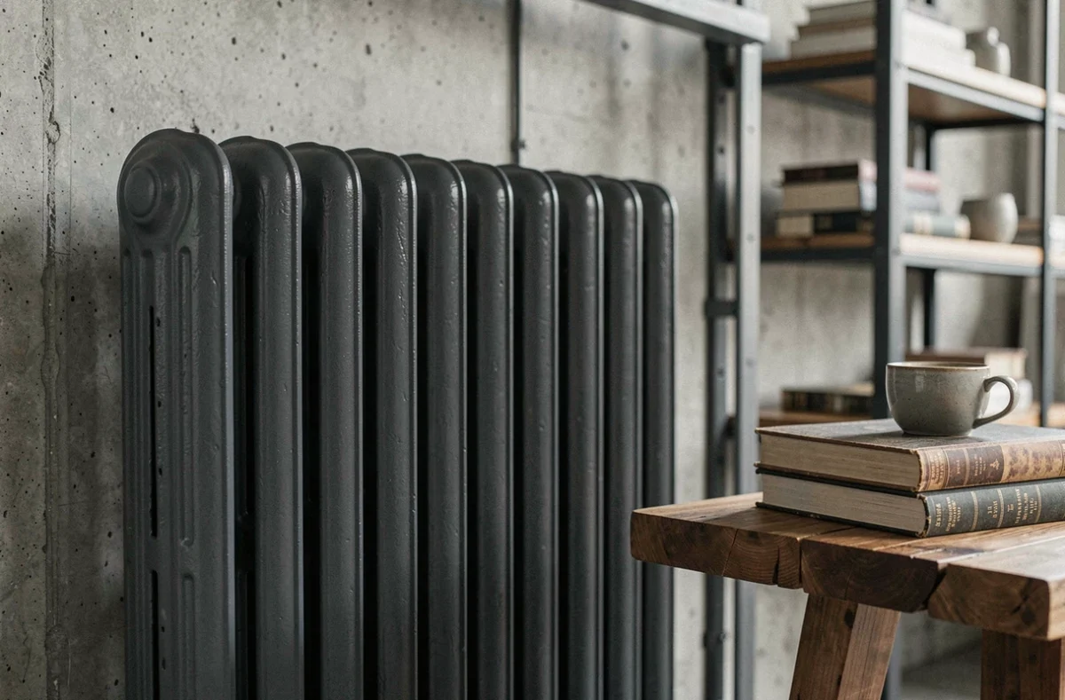 Radiateur fonte occasion repeint anthracite dans un loft industriel moderne avec béton brut et étagères en acier