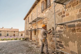 Entreprise de ravalement de façade au travail sur un bâtiment traditionnel en Provence-Alpes-Côte d'Azur