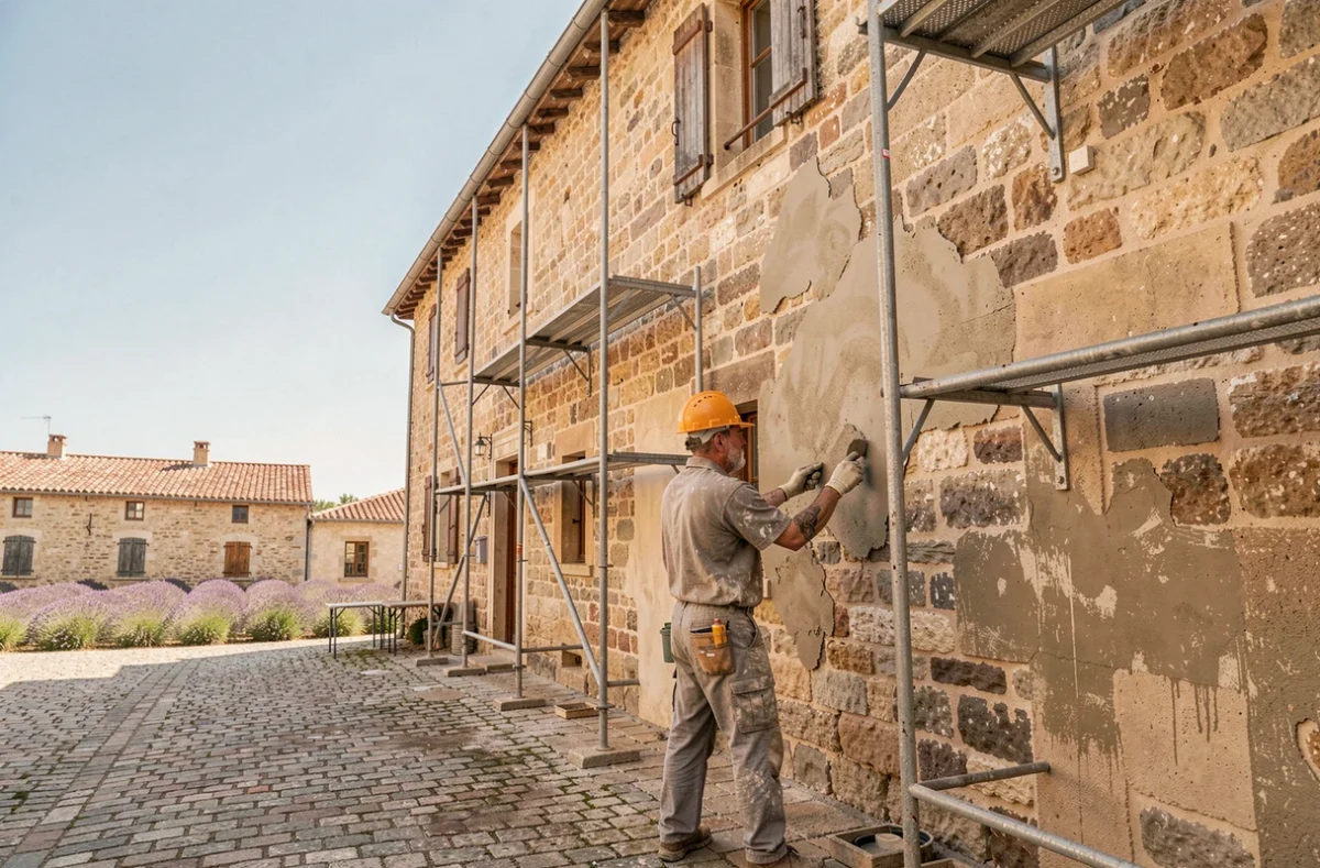Entreprise de ravalement de façade au travail sur un bâtiment traditionnel en Provence-Alpes-Côte d'Azur