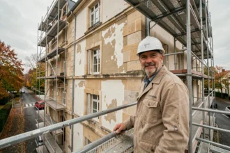Ouvrier sur échafaudage réalisant un ravalement de façade sur un immeuble en Seine-et-Marne