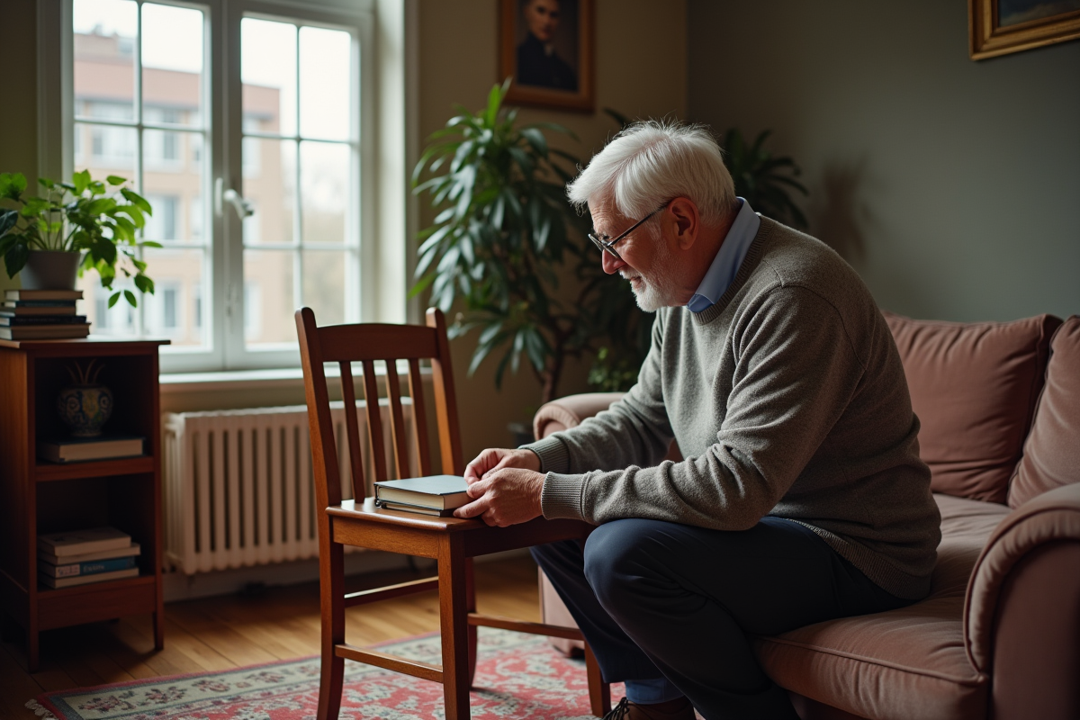 Homme âgé organisant des meubles usés dans son salon