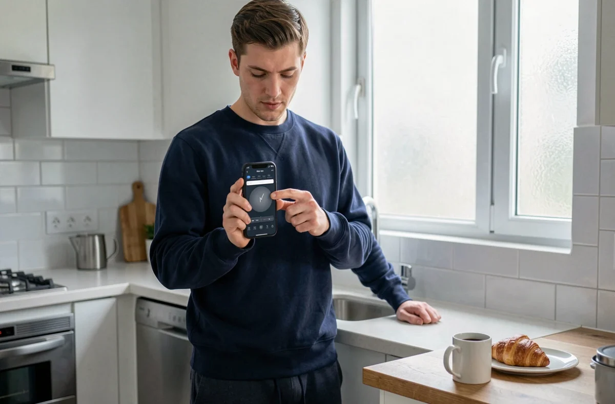 Homme sélectionnant une sonnerie d'alarme sur smartphone dans une cuisine moderne le matin