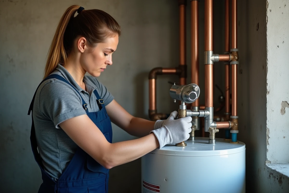 Plombière réglant un détendeur de pression sur un chauffe-eau résidentiel dans une chaufferie
