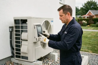 Technicien CVC réglant le panneau de commande d'une pompe à chaleur Hitachi Yutaki S installée en extérieur