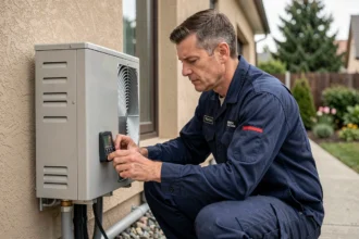 Technicien en train de régler les paramètres de température d'une pompe à chaleur air-eau installée en extérieur