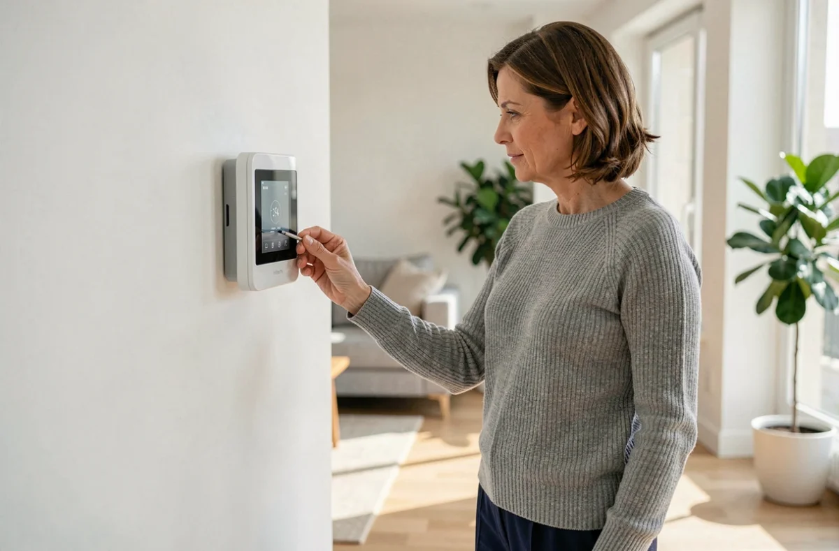 Femme réglant le thermostat connecté d'une pompe à chaleur Hitachi Yutaki S dans un salon moderne