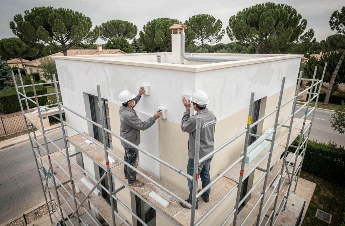 Ouvriers de Renosolvar posant un système d'isolation par l'extérieur sur un immeuble provençal