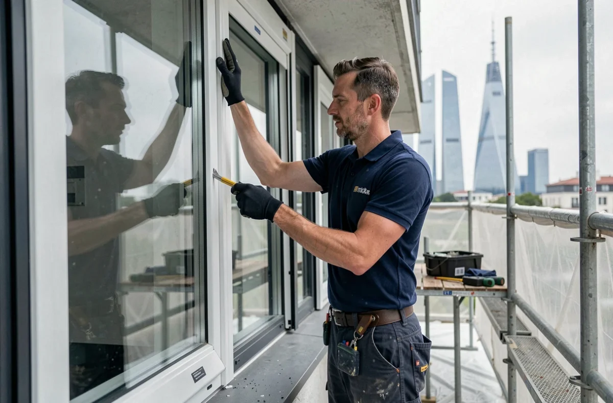 Menuisier de Renouvbat installant des fenêtres PVC sur un immeuble à Courbevoie avec La Défense en arrière-plan