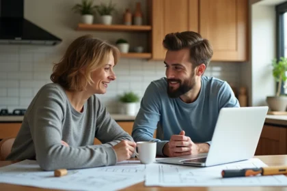 Femme et jeune homme discutant de rénovation cuisine