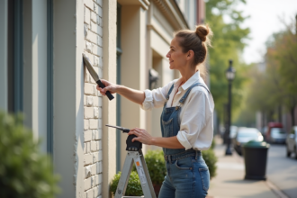 Femme en jeans et chemise en lin réparant la façade d'une maison