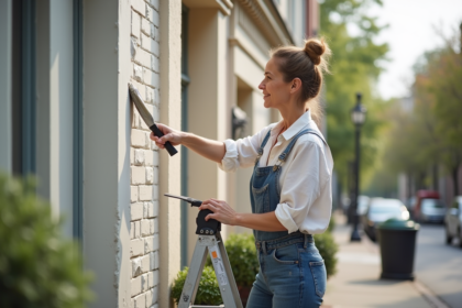Femme en jeans et chemise en lin réparant la façade d'une maison