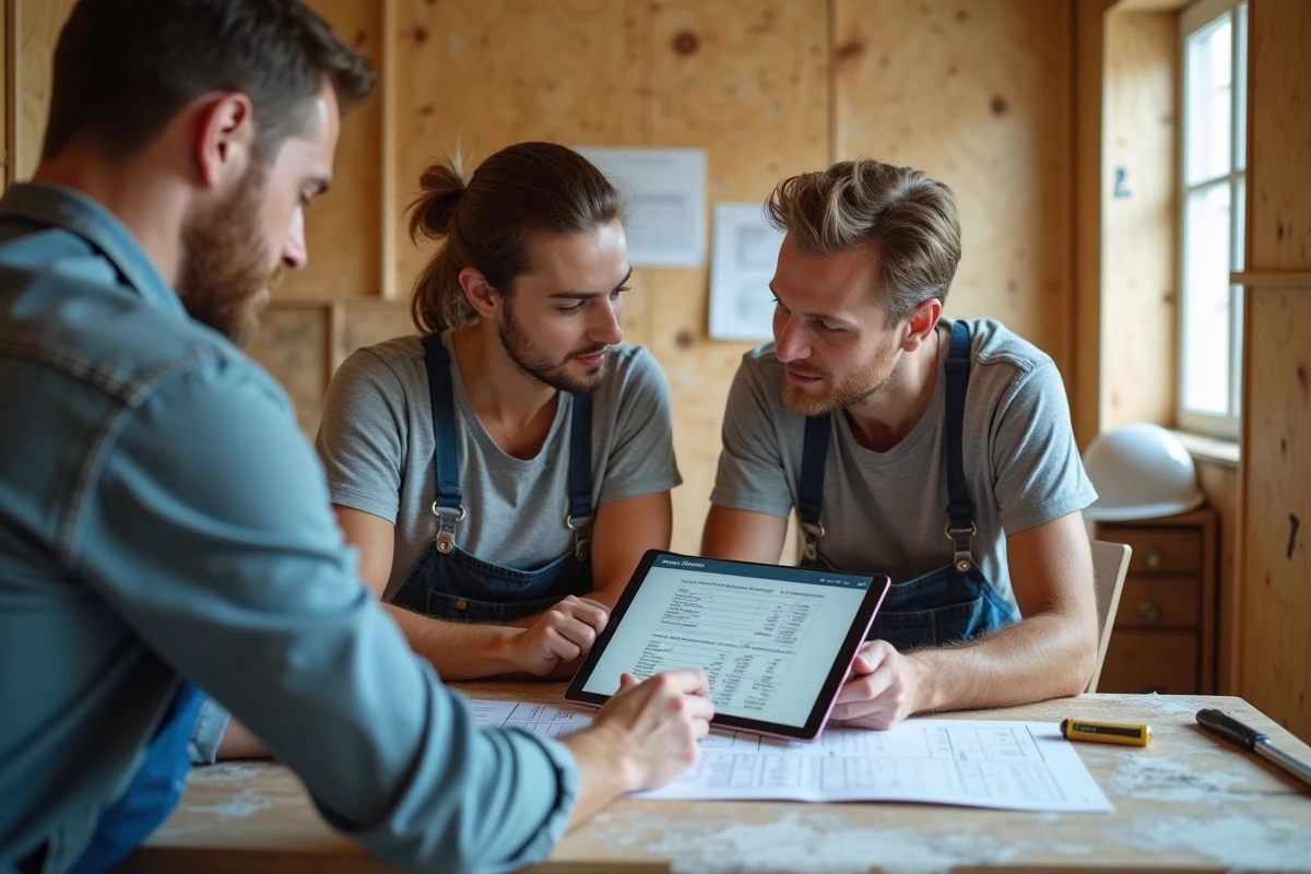 Couple discutant d'un devis de rénovation avec un artisan en comparant un estimateur en ligne sur tablette